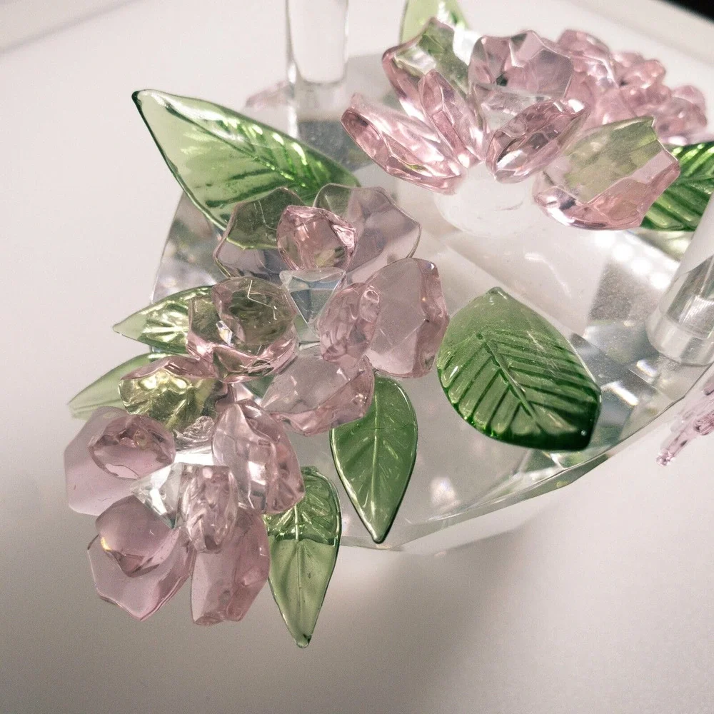 Sorelle Crystal Spring Basket of Flowers Pink Petals Green Leaves Bow 5 in Tall